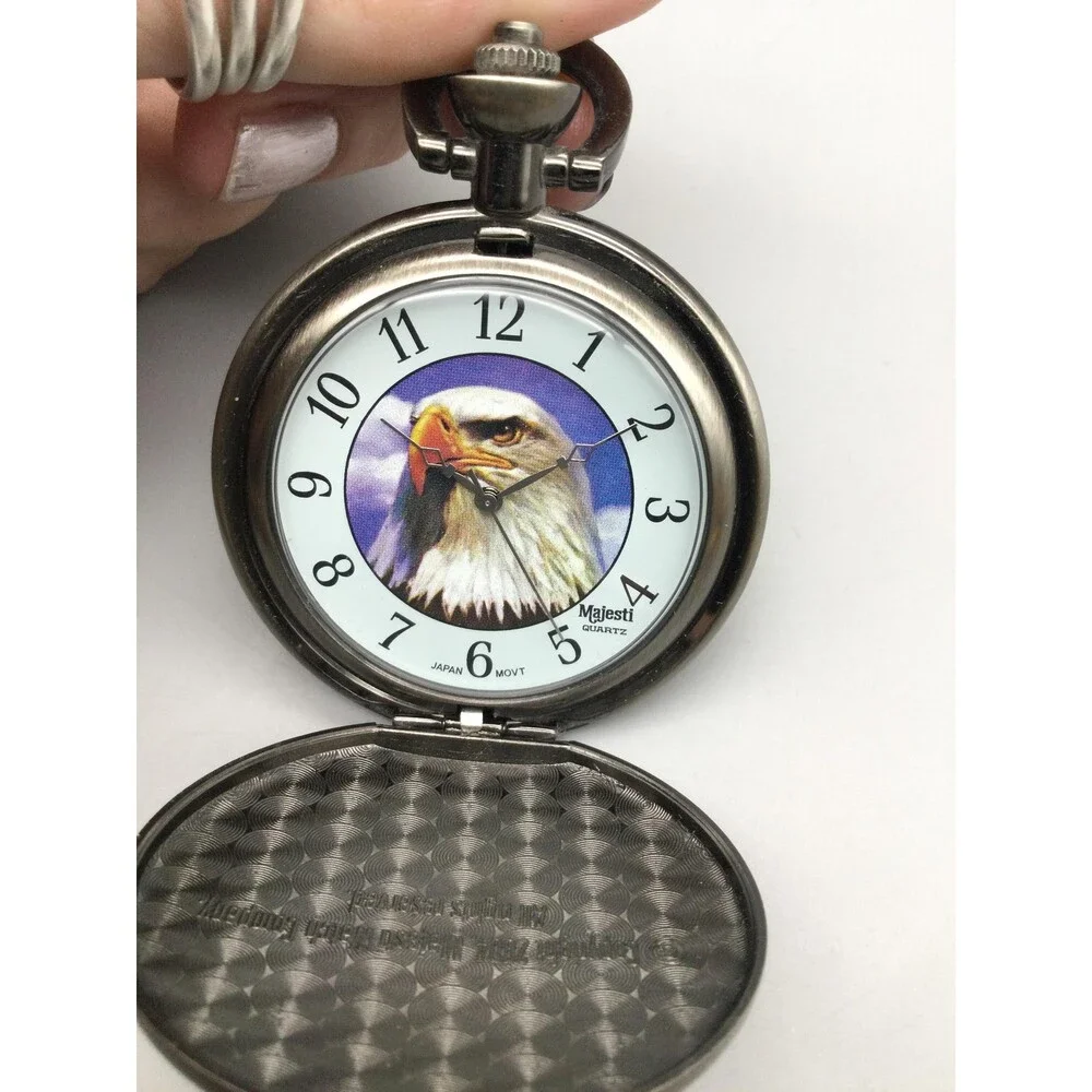 Majesti Bald Eagle Pocket Watch Men 51mm Silver Tone Full Hunter New Battery